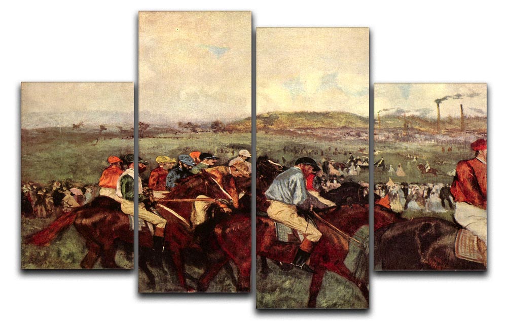 A 4-split canvas artwork featuring Degas' Men's Riders Before the Start, showcasing dynamic equestrian scenes in vibrant colors.